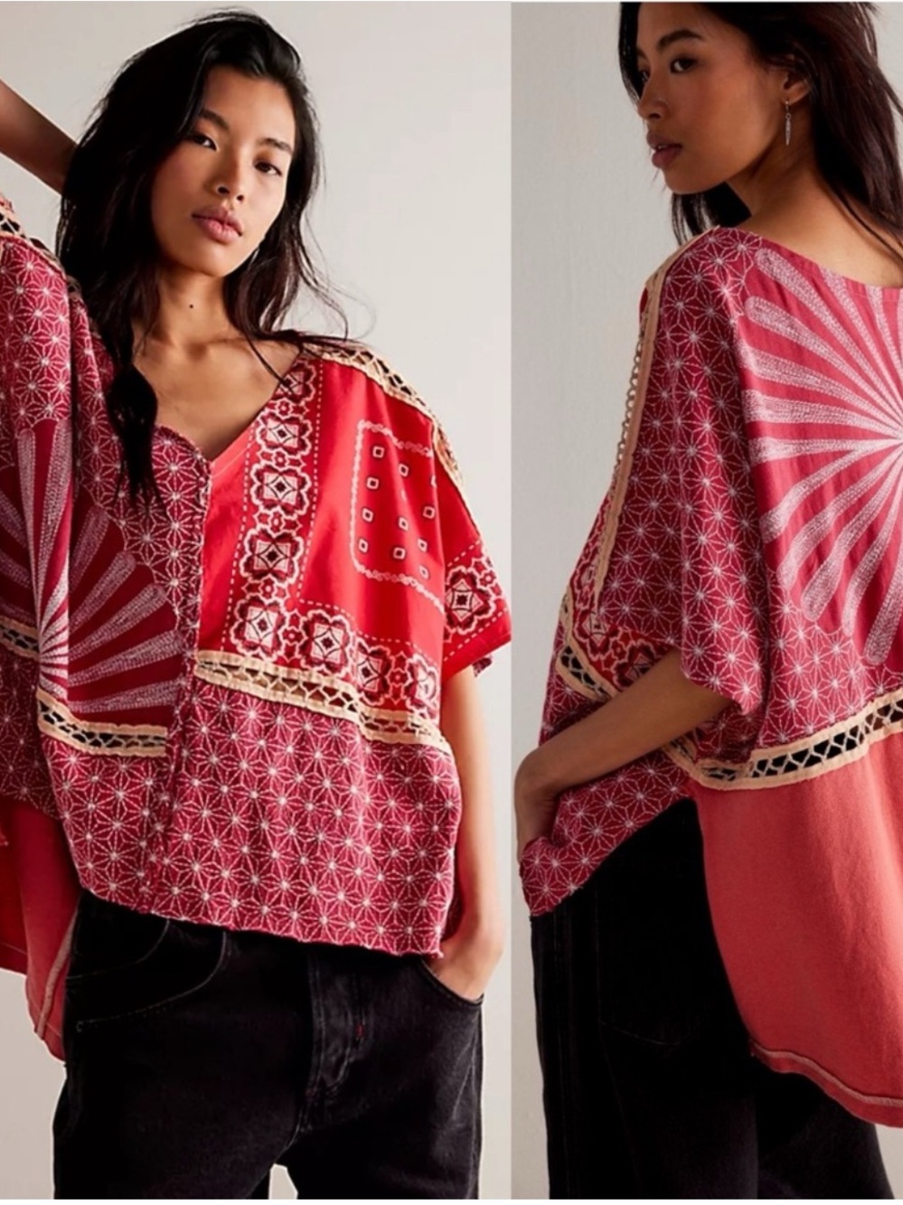 Free People We The Free Red Thunderbird Patterned V-Neck Tee with Cream Trim XS - Picture 3 of 8